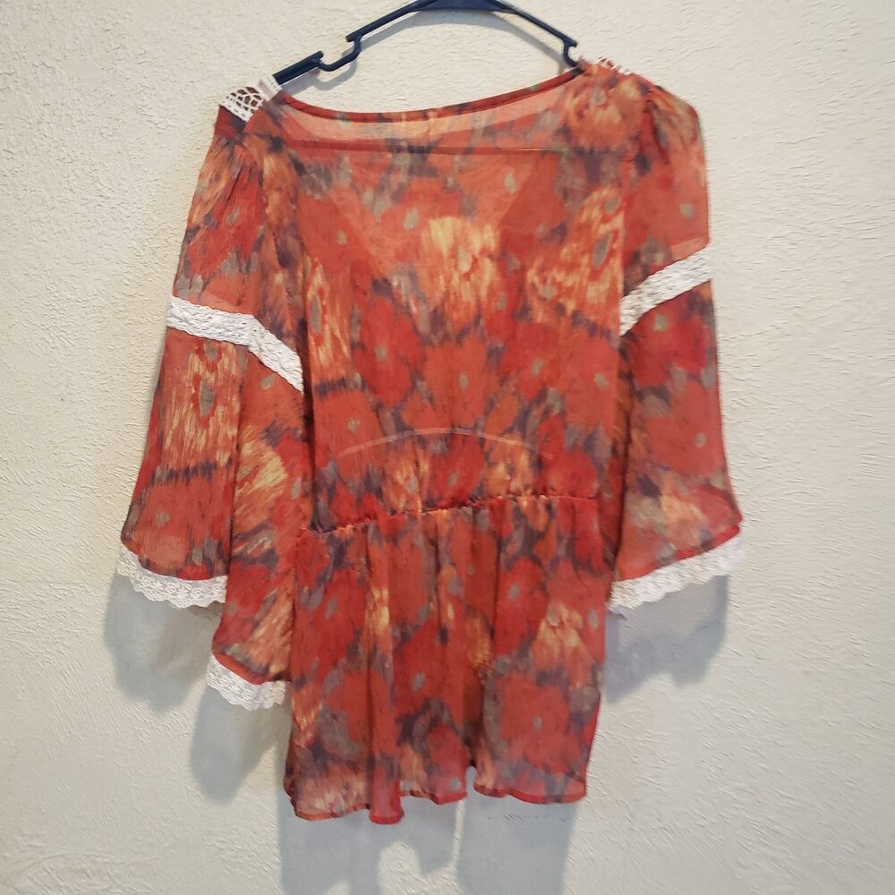 Free People Daydreamer Sheer Orange Boho white Lace Blouse Womens Medium - Picture 3 of 7
